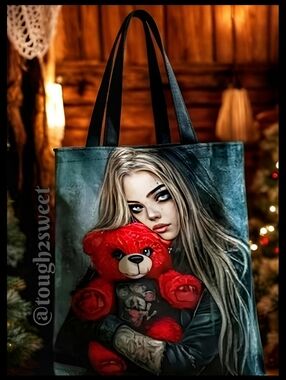 🆕️LAST 1❣️16" BY 14" GOTHIC TOTE BAG/GOTH GIRL WITH RED TEDDY BEAR GRAPHIC Y2K
